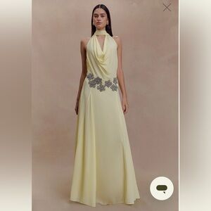 Meshki Santal Dress | Elegant Butter Yellow Halter Gown with Embellished Waist